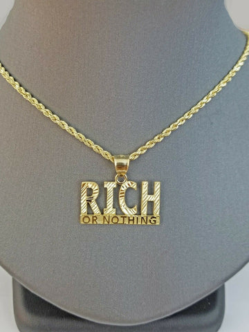 Real 10k Yellow Gold RICH Charm Pendant 2.5mm Rope Chain 18 20 22 24 26 28 Inch