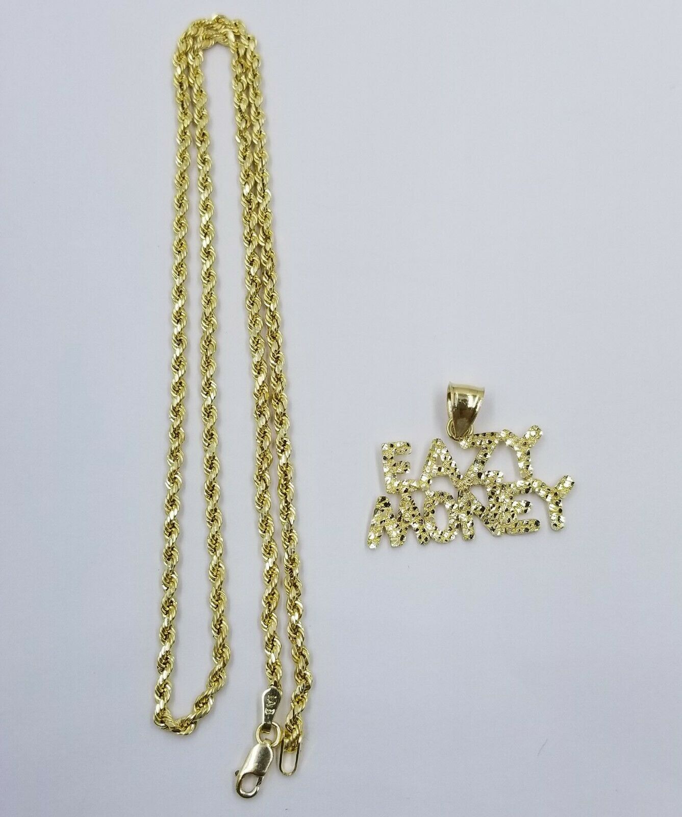 10k Yellow Gold Easy Money Sign Pendant with Rope Chain Nuggets Design 18"