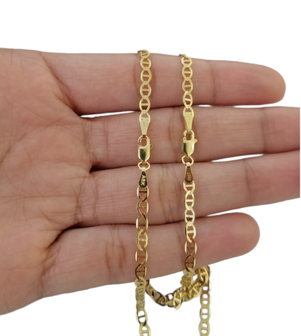 Real 10k Yellow Gold Mariner Anchor Link Necklace Bracelet Set 3mm Chain