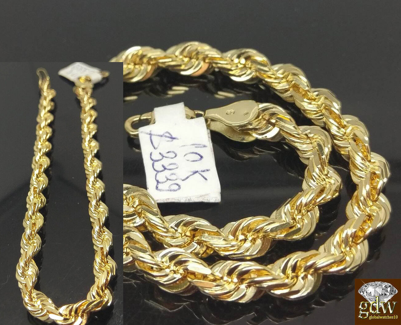 Mens REAL 10k Gold Rope Bracelet SOLID 10KT Yellow Gold Diamond Cut Strong Link