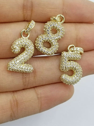 Real 10k Yellow Gold Diamond Number Charm Pendants for Men Women Bubble Letters