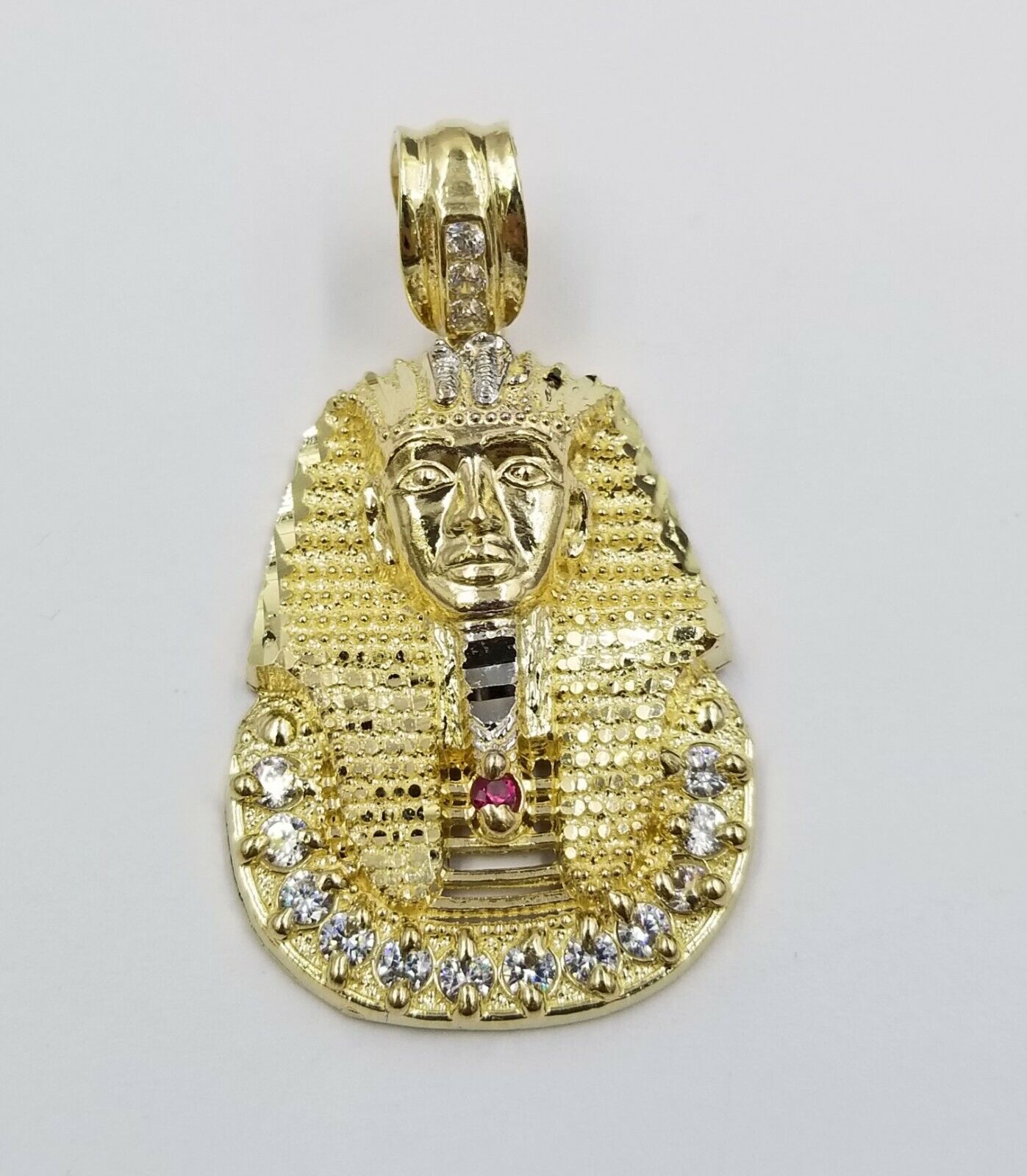 Real 10k Figaro Chain 24" Inch Diamond Cut 1.5 Inch Pharaoh Head Charm Pendant