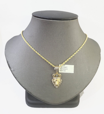 10k Gold Lion Head Diamond Charm and 2.5mm 16 Inches Rope Chain