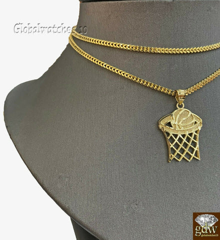 10k Gold Basketball Court Pendant with Franco Chain 20" 22" 24" Inch Real
