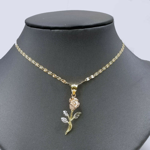 10k Real Trio Gold Rose Flower Pendant With Trio Chain 3mm 22" For Women