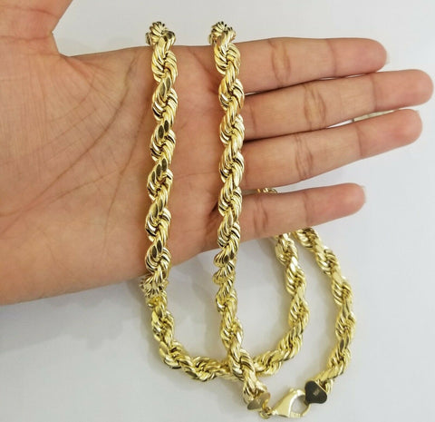 10k Real Yellow Gold Rope Chain 10mm 28" Men's thick necklace diamond cuts 10kt