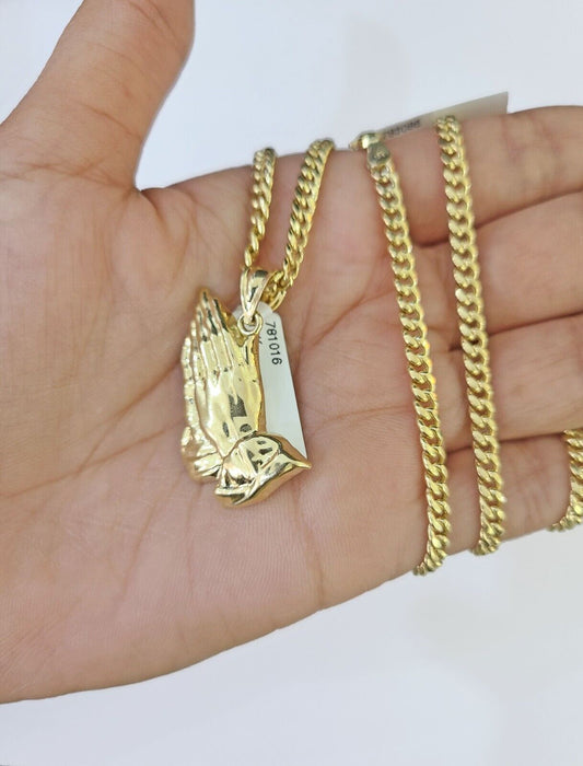 10k Yellow Gold Miami Cuban Chain & Praying Hands Charm SET 3mm 22 Inches