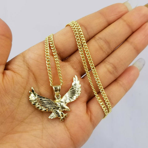 REAL10k Yellow Gold Flying Eagle Charm Pendent Miami Cuban Chain 3mm 18 20 22 24