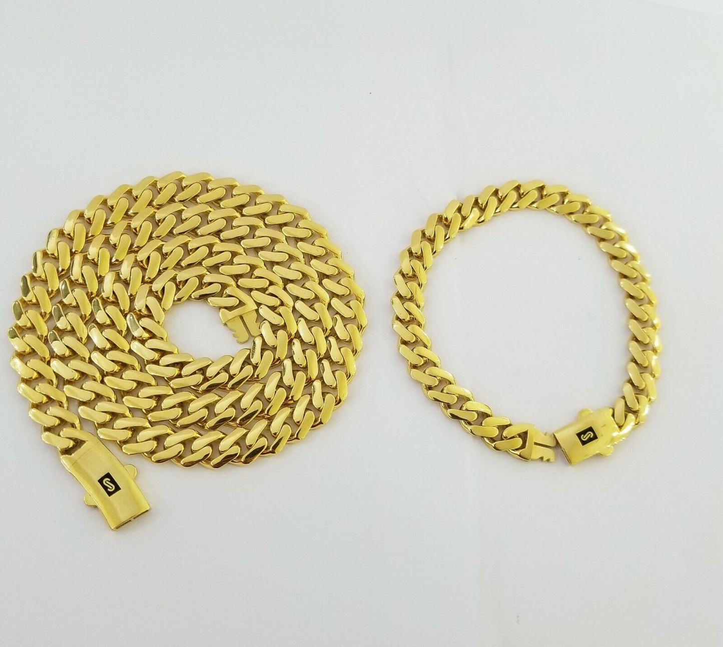 Real 10k Gold Miami Cuban Link Royal 8mm Monaco chain and Bracelet Set ,Necklace