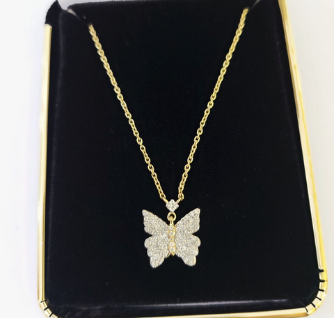 Real 10k Yellow Gold Butterfly Pendant Chain Necklace Set Women