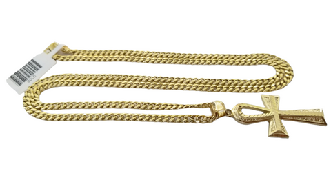 Real 10k Gold Ankh Cross Pendent 4mm Cuban Link Chain 18"20' 22" 24" 26" 28" 30"