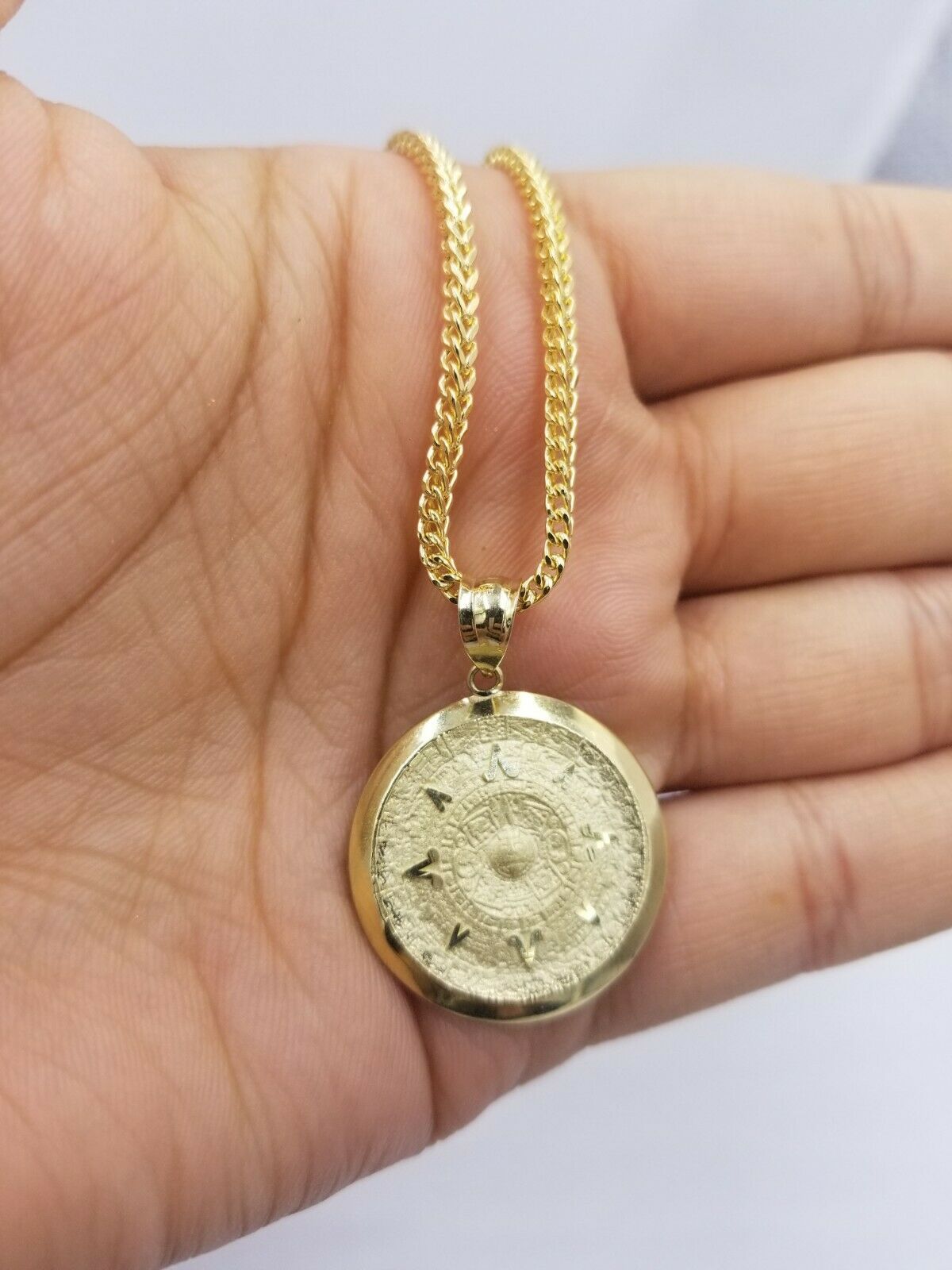 10k Real Yellow Gold Aztec Calendar Charm Pendant Men Women Diamond cut