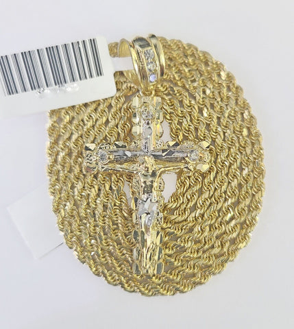 14k Yellow Gold Rope Chain 2.5mm 20Inches & Jesus Nugget Cross Charm SET
