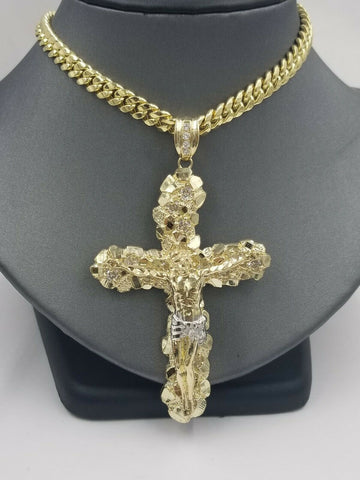 Real 10k Yellow Gold Jesus Cross Pendant with 26" Inch Cuban Chain Box Lock Set