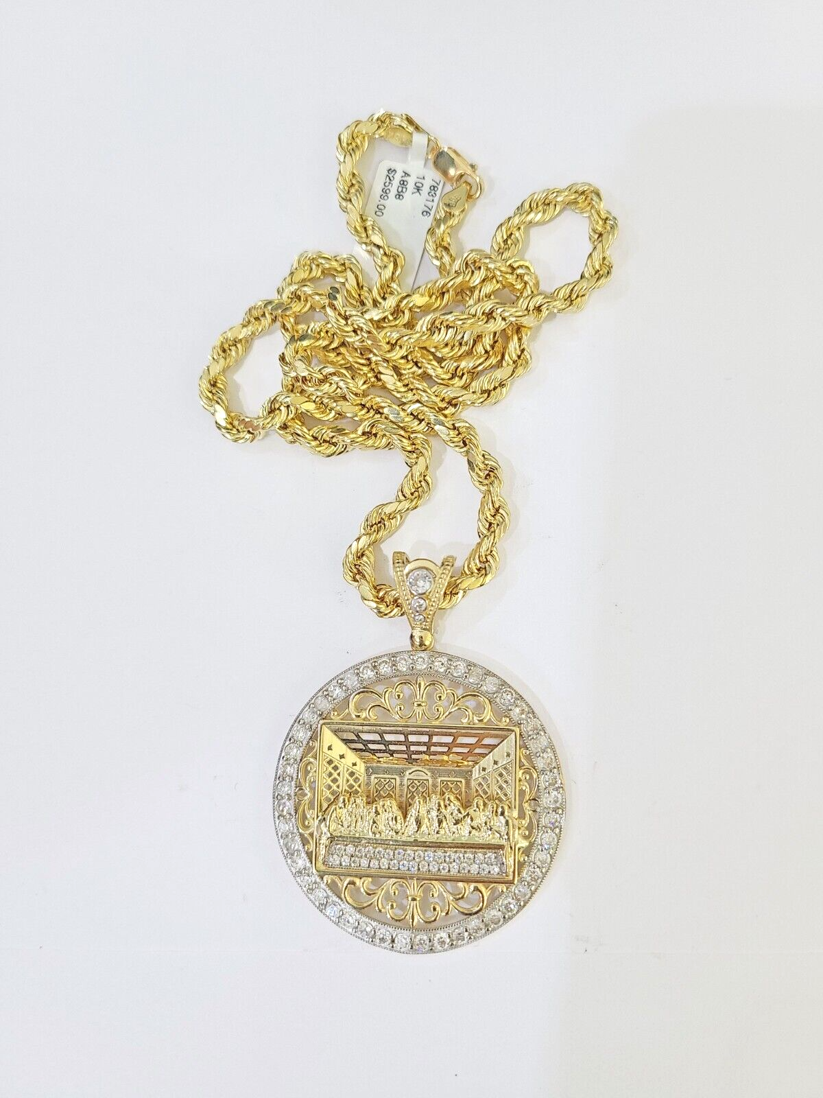 10k Gold Rope Chain Last Supper Charm Pendent SET 5mm 26 Inches