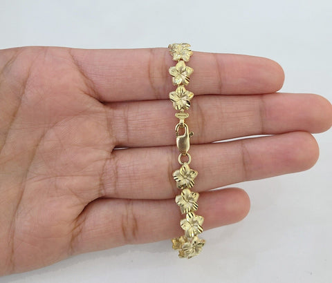 Real 10K Yellow Gold 8mm Flower Bracelet  7.5" Inch 10kt Gold