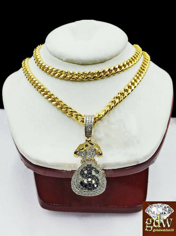 Real 10k Yellow Gold Money Bag Charm Real Diamond 24" Miami Cuban Chain