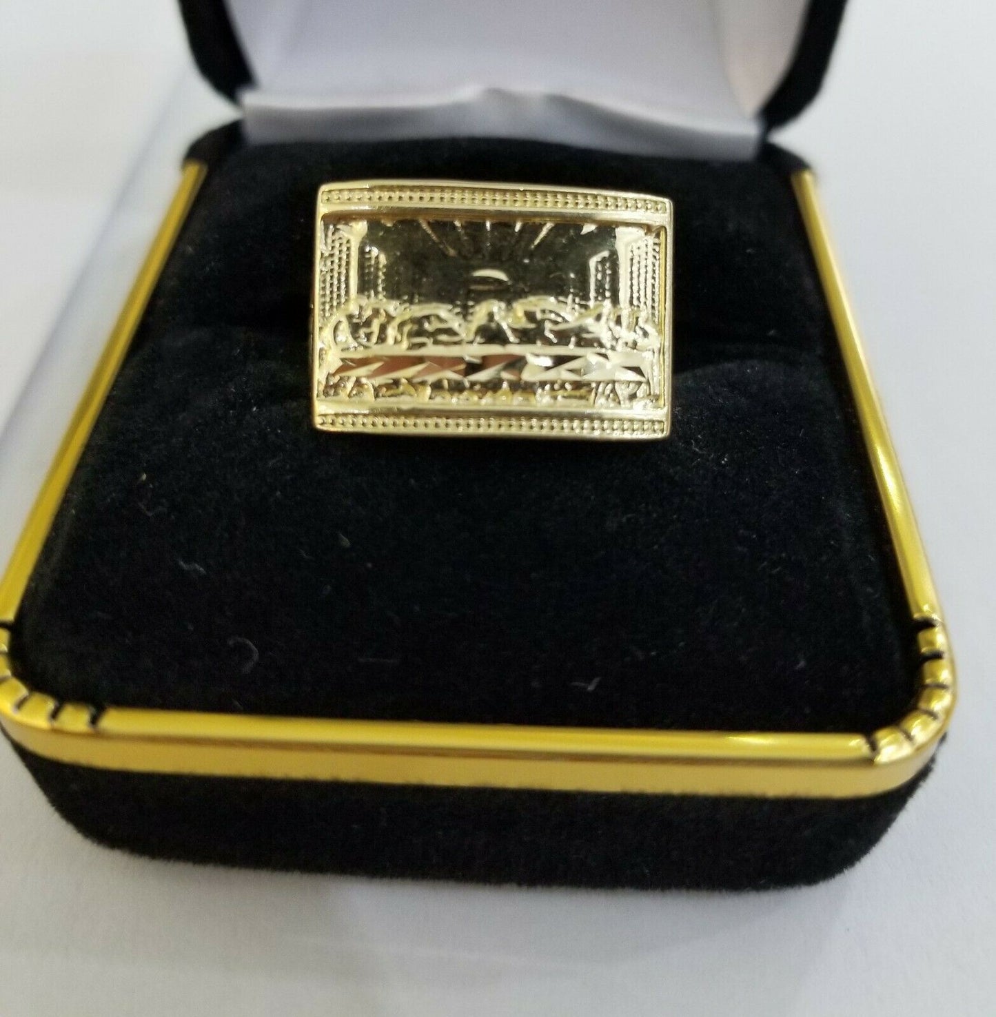 10k Real Yellow Gold Last Supper Ring Men's Ring, Size 10, Sizable cross design