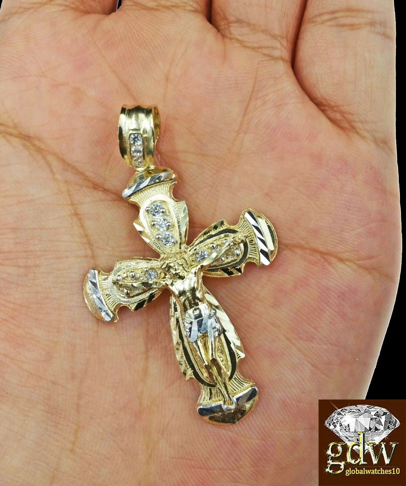 Real 10k Yellow Gold 2 Inch Jesus Charm/Pendant with Diamond Cuts for Men/Women.