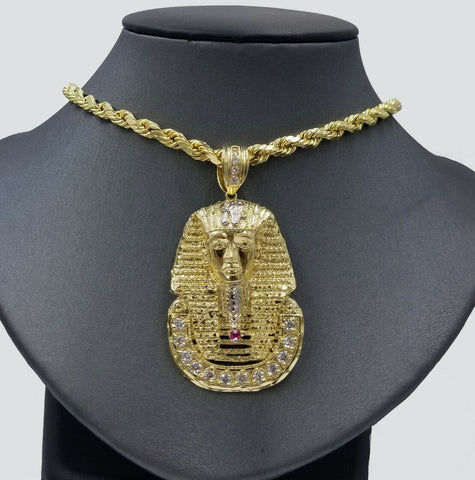 SOLID 10k Gold Pharaoh Head Pendant Charm Egyptian 6mm Rope Chain 20" 22" 24" 26