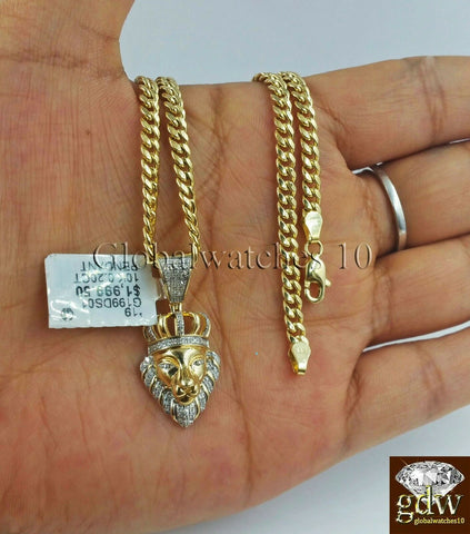 REAL 10k Gold & Diamond Lion Head Charm Miami Cuban Chain 24 Inch Men's Women