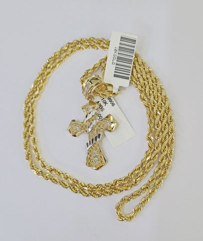 10k Gold Spiral Cross Charm Rope Chain 3mm 24'' Set Yellow Diamond Cut