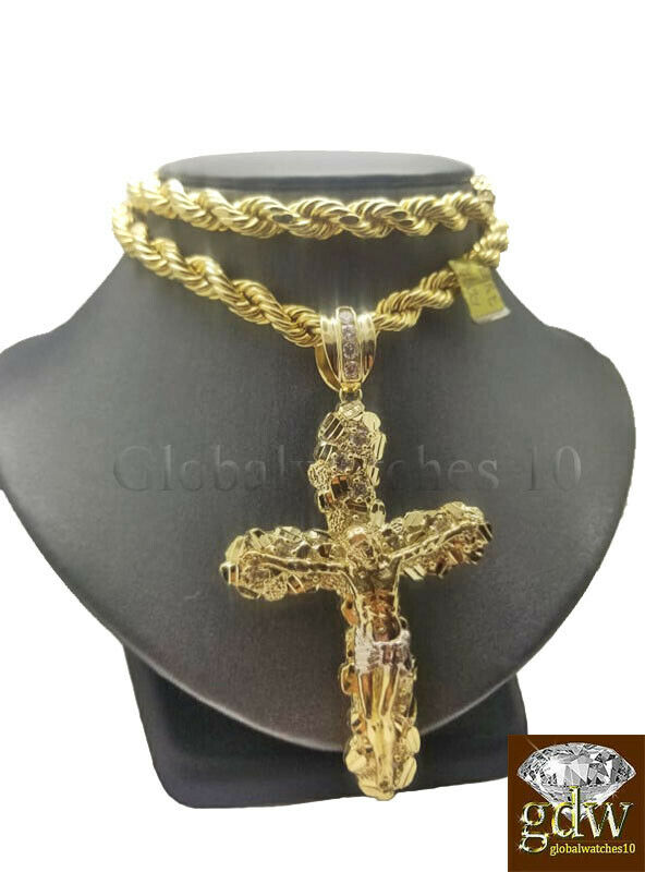 Real 10k Gold Nugget Jesus Crucifix Cross Pendent Charm with 28 Inch Rope Chain.