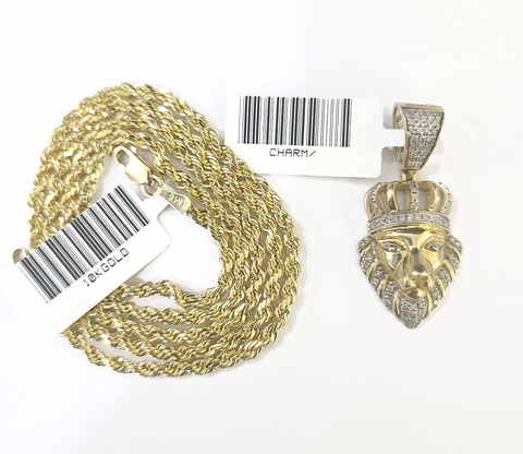 10k Gold Lion Head Real Diamond Charm and 2.5mm 24 Inch Rope ChainOn Sale