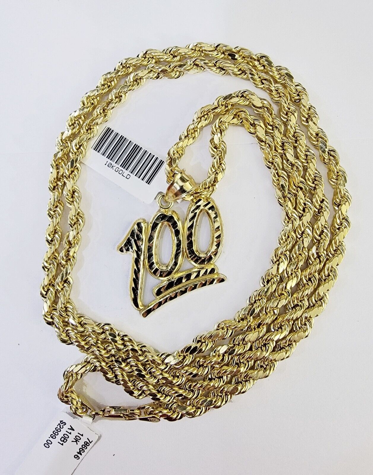 10K Yellow Gold Rope Chain 100 Charm Diamond Cut Men's Women's