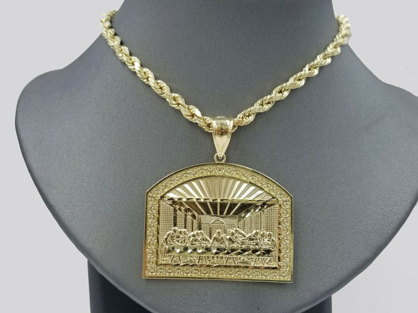 10K Jesus Yellow Gold Last supper Diamond Cut Charm Pendant, 2 Inches, Real.