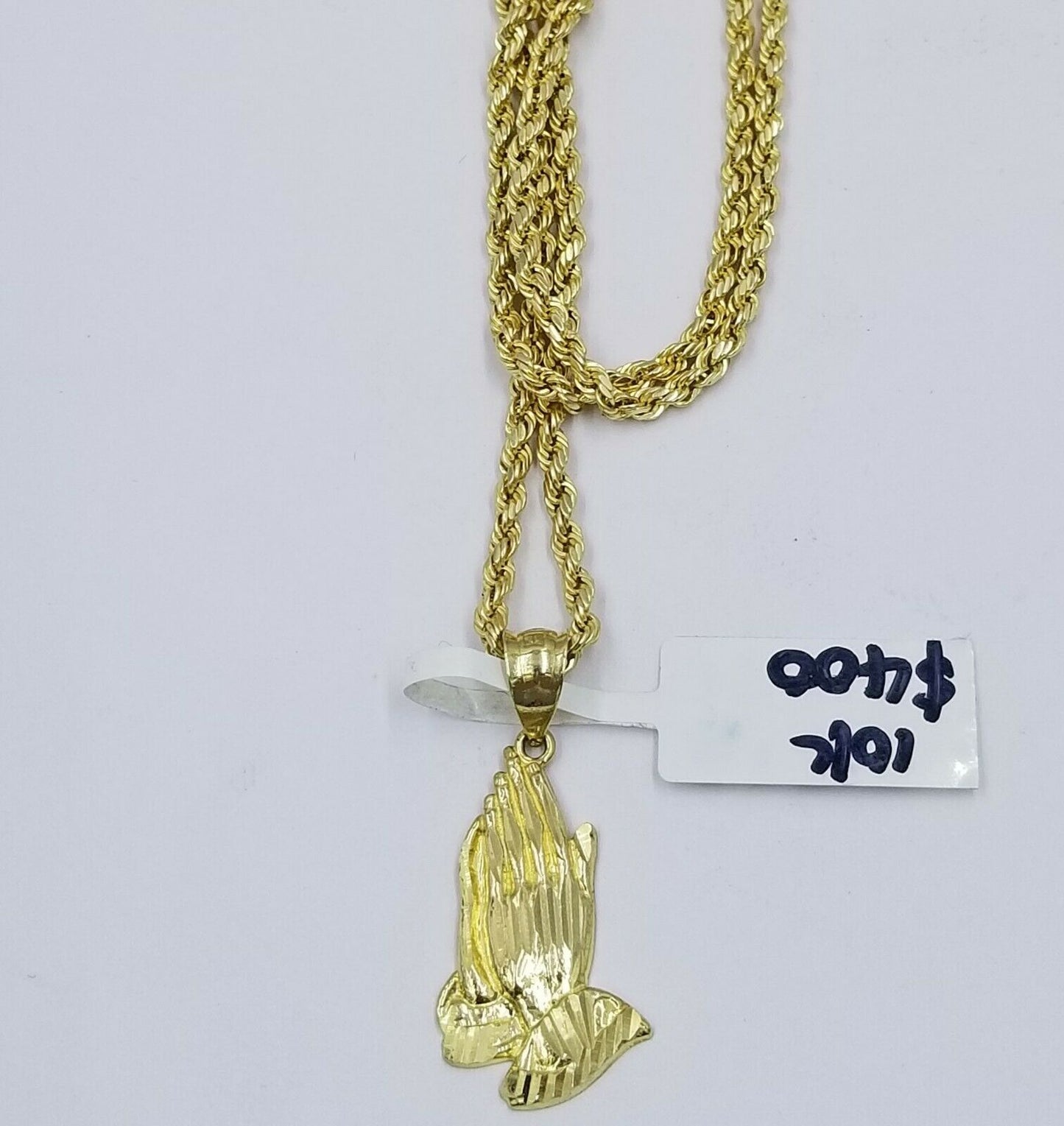 Real 10k Yellow Gold Praying Hands Charm Pendent Rope Chain 2.5mm 18 20 22 24