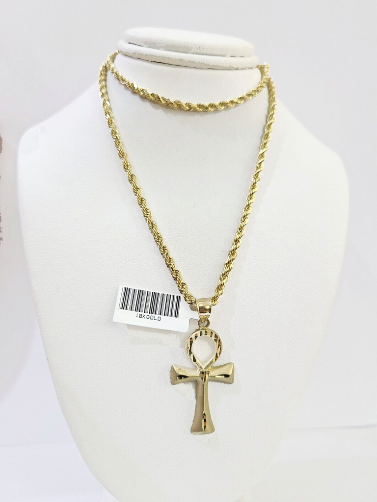 10k Gold Rope Chain & Ankh Cross Charm Pendent SET 3mm 24Inches Necklace
