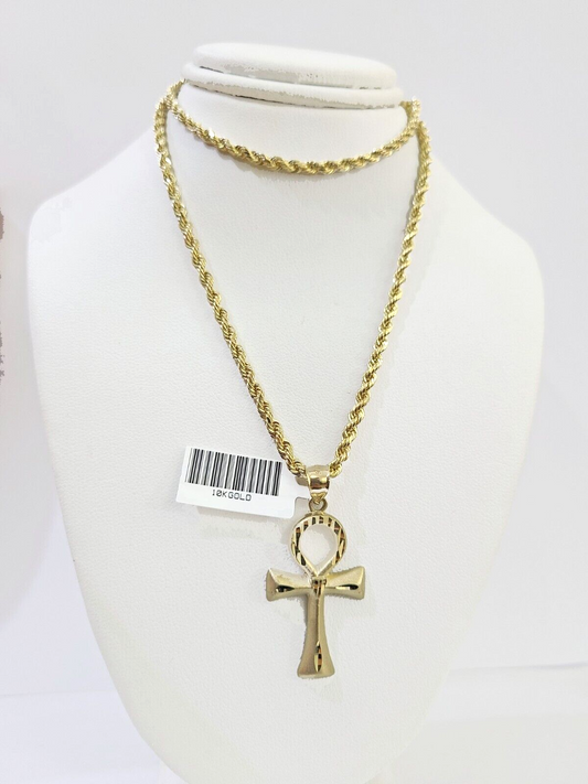 10k Gold Rope Chain & Ankh Cross Charm Pendent SET 3mm 24Inches Necklace