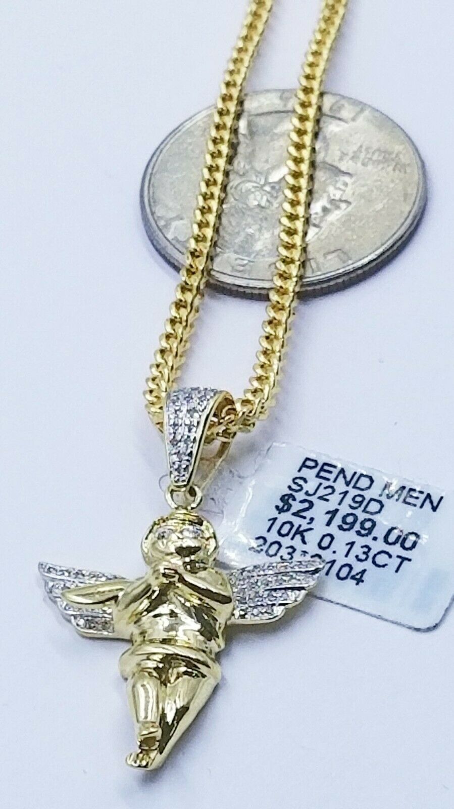 Real 10k Gold Angel Charm Praying Diamond Pendant 3mm Chain in 20 22 24 26"