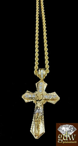 Real 10k Yellow Gold Mens Jesus Cross Charm/Pendant with 26 Inch long Rope Chain