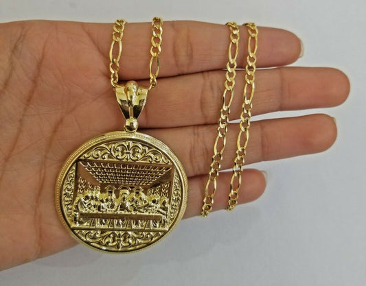 10k yellow gold round last supper charm with 22inch figro chain, 4mm Real 10kt