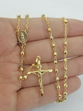 Real 14k Yellow Gold Rosary Necklace Women 21" Jesus Crucifix Diamond Cut Solid