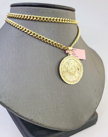 Real 14k Gold Mayan Calendar Charm & Miami Cuban Link Chain SET 5mm 20" Necklace