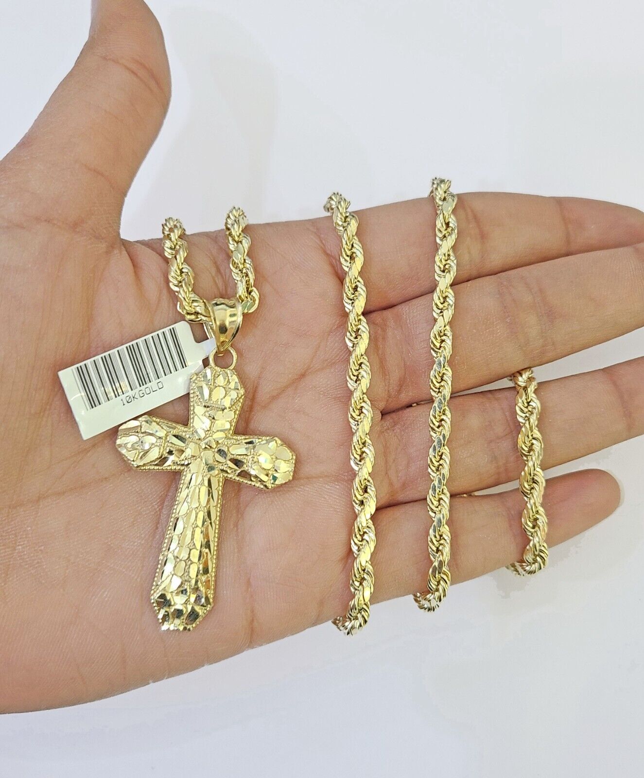 10k Gold Rope Chain & Cross Charm Pendent SET 4mm 24 Inches Necklace