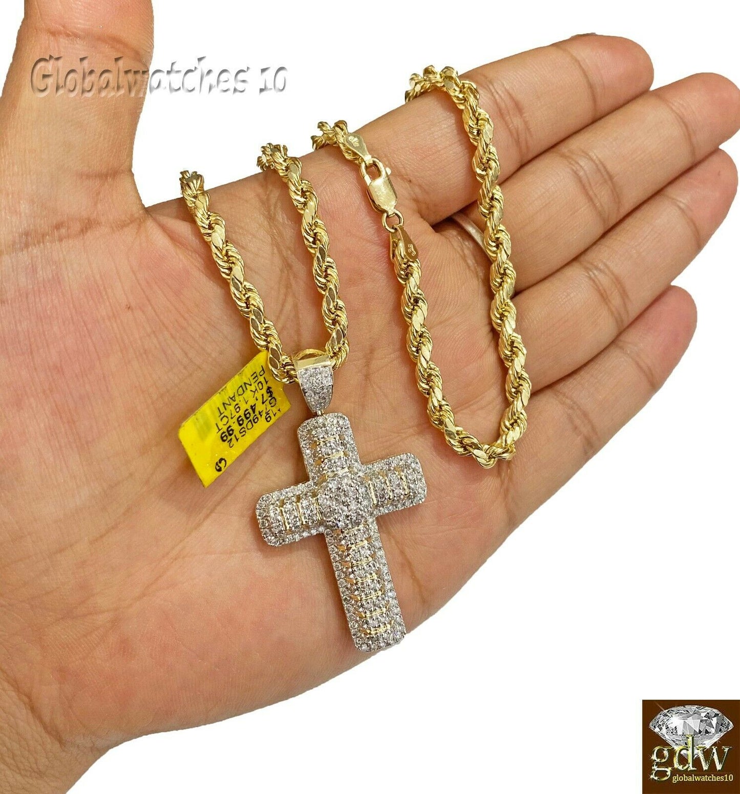 Real Diamond Cross with Solid 10k Rope Chain 20 22 24 26 28 inch, vs full cut