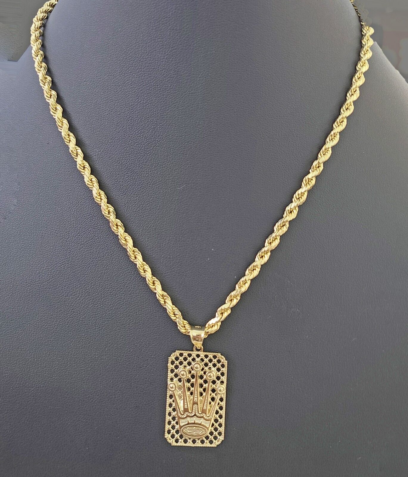 10K Yellow Gold Crown Pendent 4mm Rope Chain 18" 20" 22"24"26" Inch