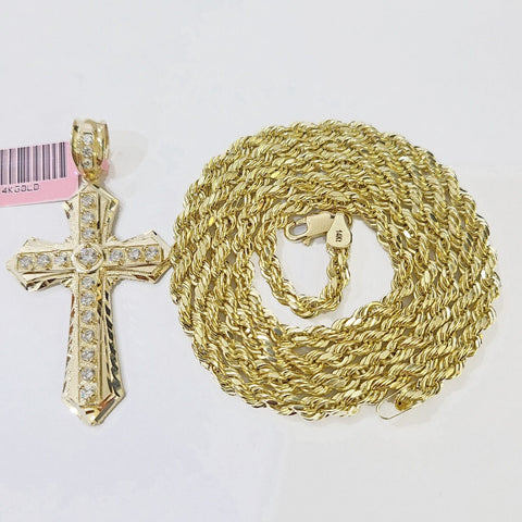 14k Yellow Gold Rope Chain & C-Z Cross Charm SET 4mm 26 Inches Necklace