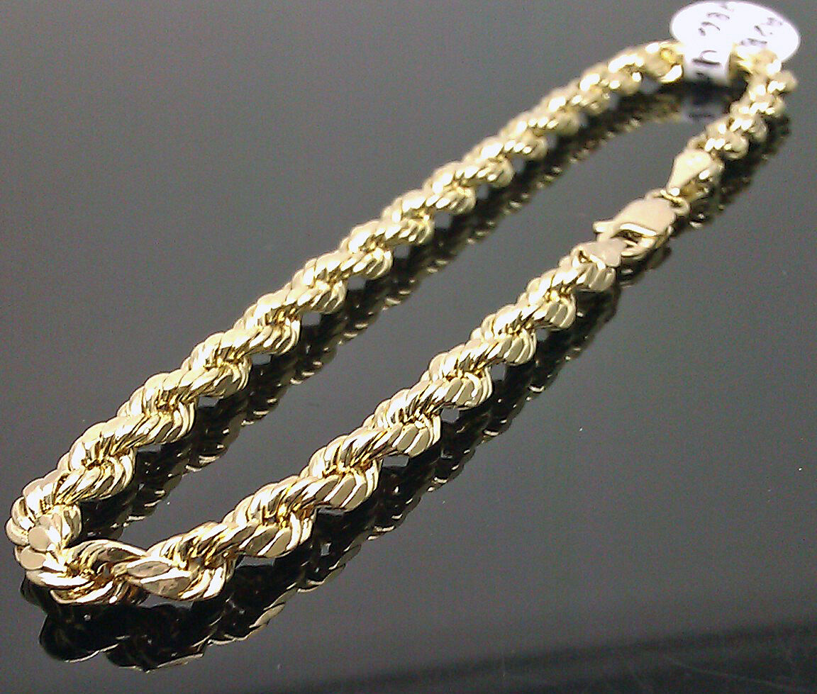 Real 10k Yellow Gold Rope Bracelet 4mm 8" Inch Men women Real diamond Cut