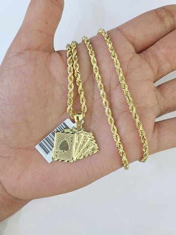 10k Gold Royal Flush Pendant Rope Chain 3mm 24'' Necklace Set Real Yellow