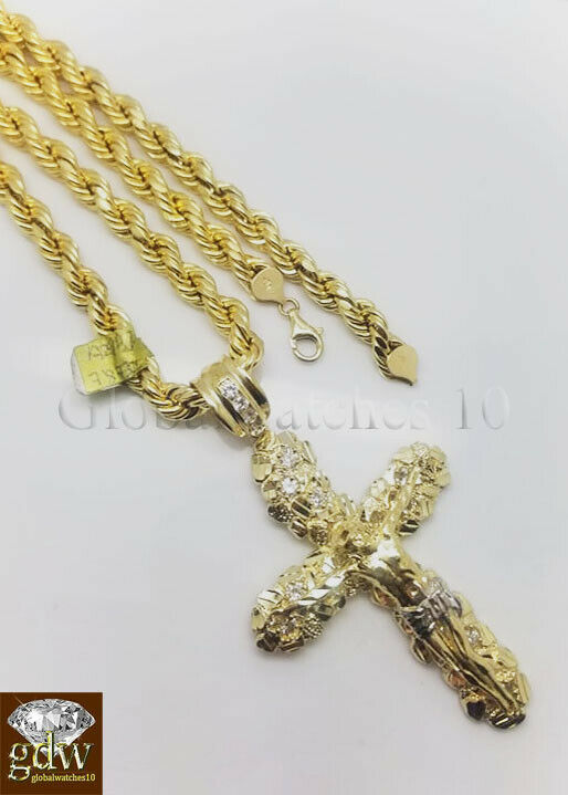 Real 10k Gold Nugget Jesus Crucifix Cross Pendent Charm with 26 Inch Rope Chain.