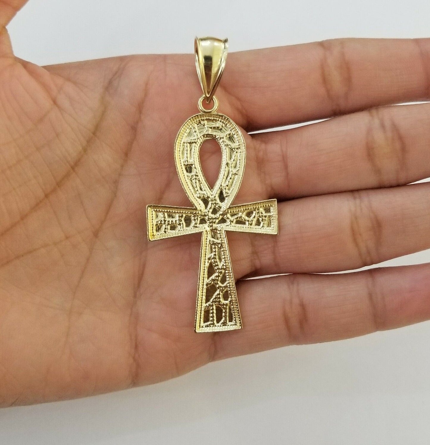 10k Nugget Style Yellow Gold Ankh Cross Pendant Jesus Cross Pendant