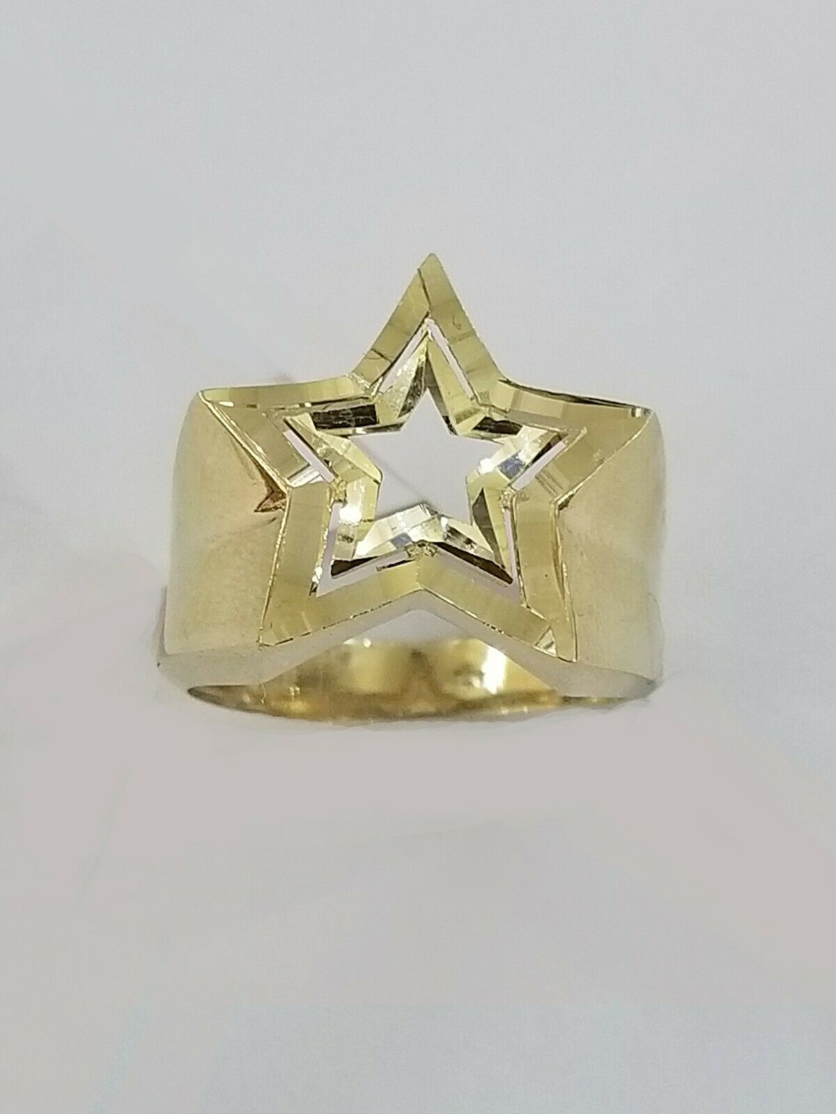 10k Yellow Gold Double Star Men Ring Diamond Cut Design pinky 10.5