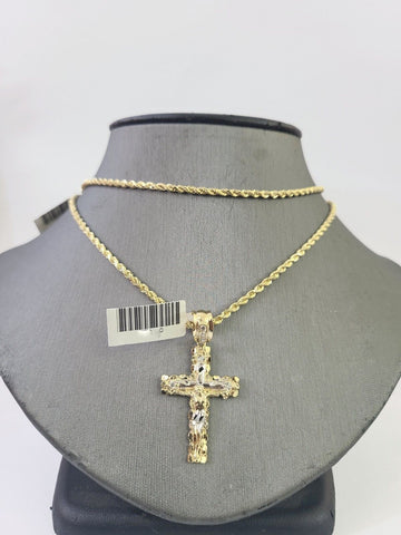 14k Yellow Gold Rope Chain 2.5mm 24Inches & Jesus Nugget Cross Charm SET