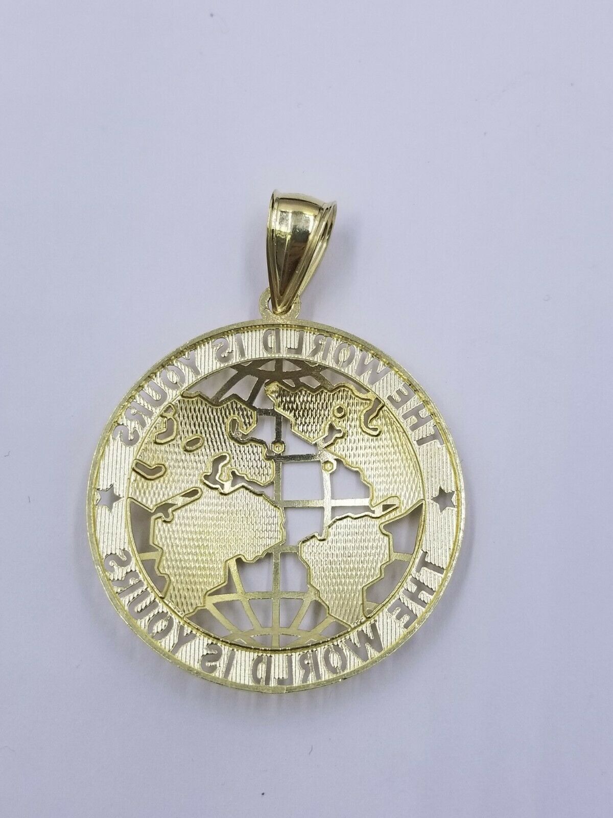 Globe Map Charm 10K Yellow Gold Real Pendant The World is Your Diamond Cut Solid