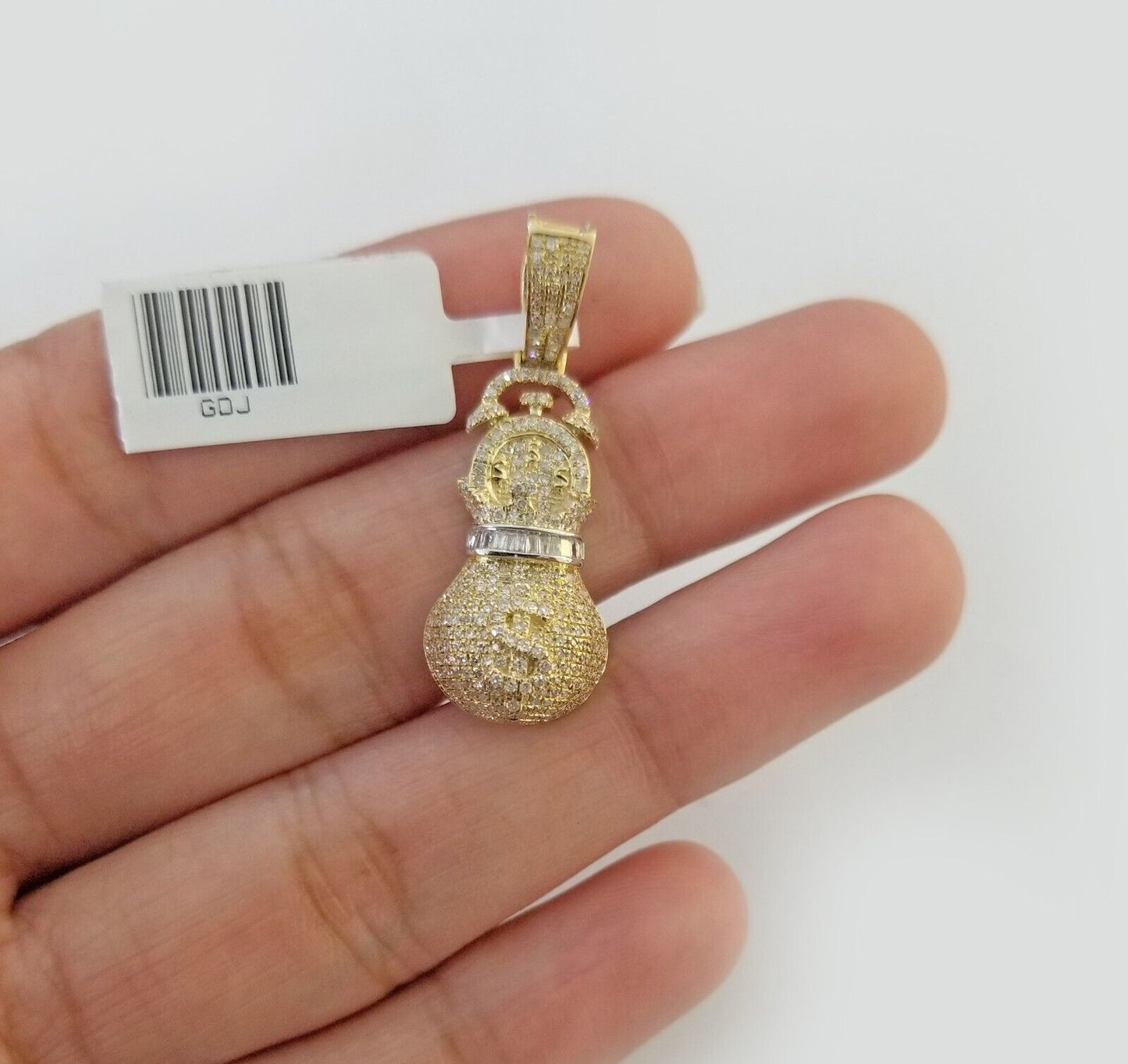 10K Yellow Gold Money Dollar Bag Charm Real Diamond 1" Gold Money Bag Pendant